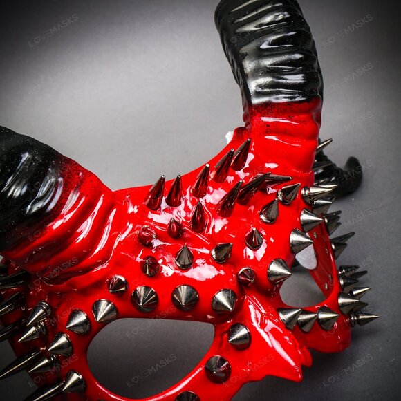 RED Demon Steampunk Spikes Devil w/ Black Twisted Horn Masquerade Halloween Mask - Picture 5 of 7